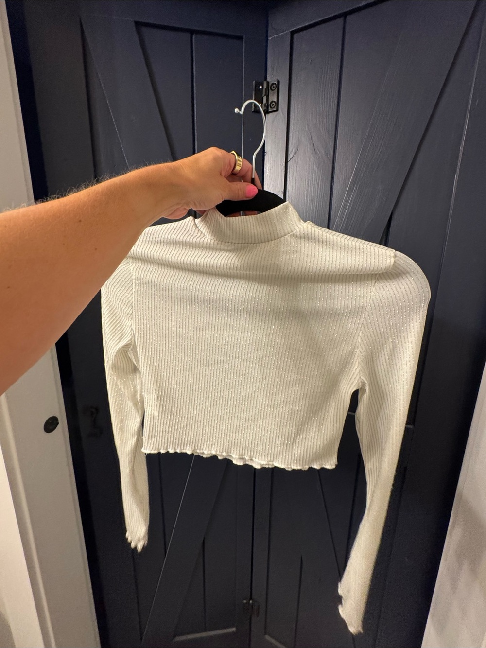 Women’s Cream Ribbed Mock Neck Long-Sleeve Crop Top
